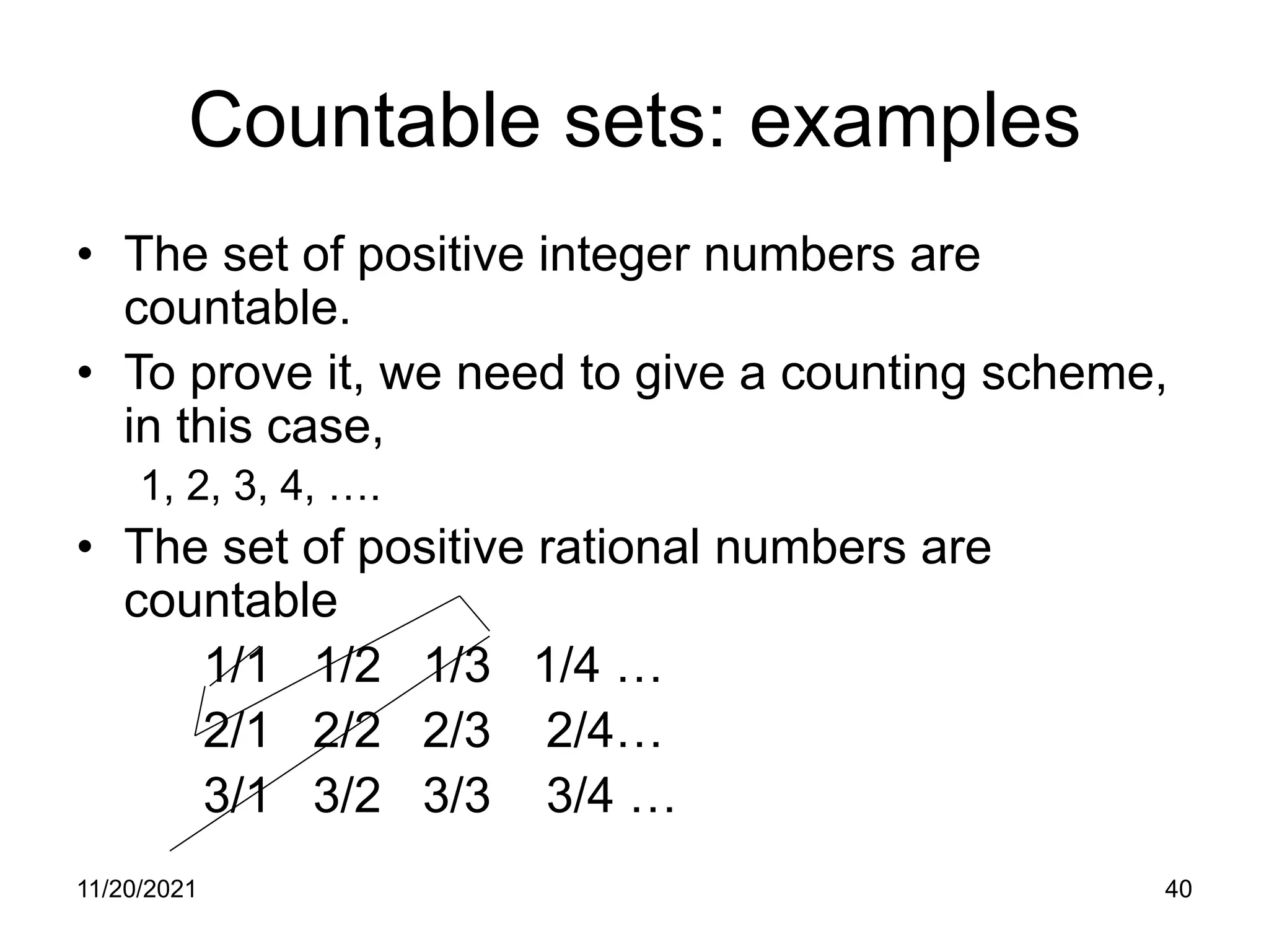 11/20/2021 40
Countable sets: examples
• The set of positive integer numbers are
countable.
• To prove it, we need to give a counting scheme,
in this case,
1, 2, 3, 4, ….
• The set of positive rational numbers are
countable
1/1 1/2 1/3 1/4 …
2/1 2/2 2/3 2/4…
3/1 3/2 3/3 3/4 …
 