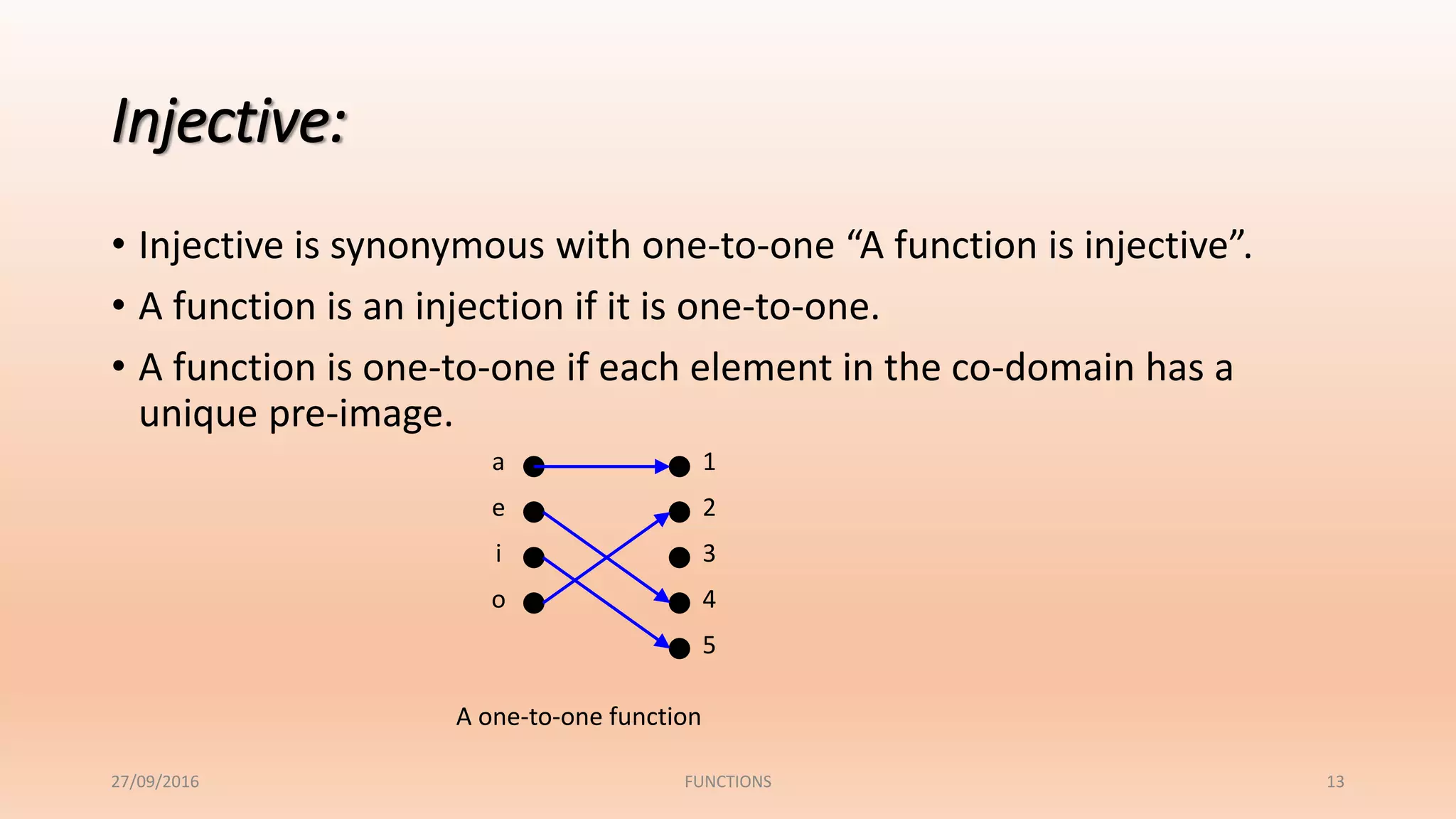 Injective:
• Injective is synonymous with one-to-one “A function is injective”.
• A function is an injection if it is one-to-one.
• A function is one-to-one if each element in the co-domain has a
unique pre-image.
1
2
3
4
5
a
e
i
o
A one-to-one function
27/09/2016 FUNCTIONS 13
 