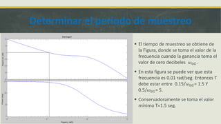 Determinar el periodo de muestreo
 El tiempo de muestreo se obtiene de
la Figura, donde se toma el valor de la
frecuencia cuando la ganancia toma el
valor de cero decibeles 𝜔0𝐺.
 En esta figura se puede ver que esta
frecuencia es 0.01 rad/seg. Entonces T
debe estar entre 0.15/𝜔0𝐺= 1.5 Y
0.5/𝜔0𝐺= 5.
 Conservadoramente se toma el valor
mínimo T=1.5 seg.
 