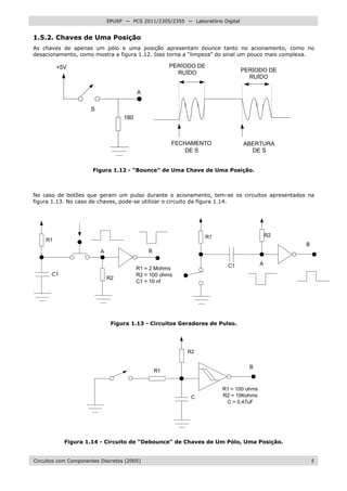 Circuitos com Componentes Discretos (2005) 8
EPUSP — PCS 2011/2305/2355 — Laboratório Digital
1.5.2. Chaves de Uma Posição
As chaves de apenas um pólo e uma posição apresentam bounce tanto no acionamento, como no
desacionamento, como mostra a figura 1.12. Isso torna a “limpeza” do sinal um pouco mais complexa.
+5V
S
180
A
PERÍODO DE
RUÍDO PERÍODO DE
RUÍDO
FECHAMENTO
DE S
ABERTURA
DE S
Figura 1.12 - “Bounce” de Uma Chave de Uma Posição.
No caso de botões que geram um pulso durante o acionamento, tem-se os circuitos apresentados na
figura 1.13. No caso de chaves, pode-se utilizar o circuito da figura 1.14.
R1
C1
A B
R2
R1
A
B
R2
C1R1 = 2 Mohms
R2 = 100 ohms
C1 = 10 nf
Figura 1.13 - Circuitos Geradores de Pulso.
B
R1
R2
C
R1 = 100 ohms
R2 = 10Kohms
C = 0,47uF
Figura 1.14 - Circuito de “Debounce” de Chaves de Um Pólo, Uma Posição.
 
