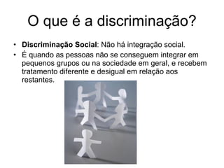 O que é a discriminação? Discriminação Social : Não há integração social. É quando as pessoas não se conseguem integrar em pequenos grupos ou na sociedade em geral, e recebem tratamento diferente e desigual em relação aos restantes.  