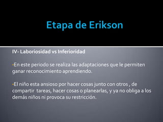Etapa de EriksonIV- Laboriosidad vs InferioridadEn este periodo se realiza las adaptaciones que le permiten ganar reconocimiento aprendiendo.