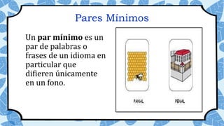 Pares Mínimos
Un par mínimo es un
par de palabras o
frases de un idioma en
particular que
difieren únicamente
en un fono.
 