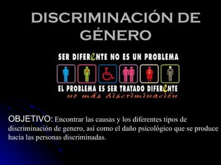 DISCRIMINACIÓN DE GÉNERO OBJETIVO:   Encontrar las causas y los diferentes tipos de discriminación de genero, así como el daño psicológico que se produce hacia las personas discriminadas. 
