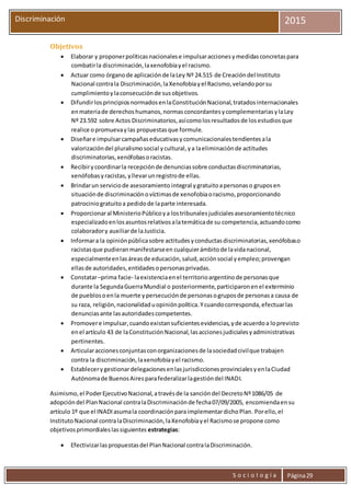 S o c i o l o g í a Página29
Discriminación 2015
Objetivos
 Elaborar y proponerpolíticasnacionalese impulsaraccionesymedidasconcretaspara
combatirla discriminación,laxenofobiayel racismo.
 Actuar como órganode aplicaciónde laLey Nº 24.515 de Creacióndel Instituto
Nacional contrala Discriminación,laXenofobiayel Racismo,velandoporsu
cumplimientoylaconsecuciónde susobjetivos.
 DifundirlosprincipiosnormadosenlaConstituciónNacional,tratadosinternacionales
enmateriade derechoshumanos,normasconcordantesycomplementariasylaLey
Nº 23.592 sobre Actos Discriminatorios,asícomolosresultadosde losestudiosque
realice opromuevaylas propuestasque formule.
 Diseñare impulsarcampañaseducativasycomunicacionalestendientesala
valorizacióndel pluralismosocial ycultural,ya laeliminaciónde actitudes
discriminatorias,xenófobasoracistas.
 Recibirycoordinarla recepciónde denunciassobre conductasdiscriminatorias,
xenófobasyracistas,yllevarunregistrode ellas.
 Brindarun serviciode asesoramiento integral ygratuitoapersonaso gruposen
situaciónde discriminaciónovíctimasde xenofobiaoracismo,proporcionando
patrociniogratuitoa pedidode laparte interesada.
 Proporcionaral MinisterioPúblicoya lostribunalesjudicialesasesoramientotécnico
especializadoenlosasuntosrelativosalatemáticade su competencia,actuandocomo
colaboradory auxiliarde laJusticia.
 Informara la opiniónpúblicasobre actitudesyconductasdiscriminatorias,xenófobaso
racistasque pudieranmanifestarseen cualquierámbitode lavidanacional,
especialmenteenlasáreasde educación,salud,acciónsocial yempleo;provengan
ellasde autoridades,entidadesopersonasprivadas.
 Constatar–prima facie- laexistenciaenel territorioargentinode personasque
durante la SegundaGuerraMundial o posteriormente,participaronenel exterminio
de pueblosoenla muerte ypersecuciónde personasogruposde personasa causa de
su raza, religión,nacionalidaduopiniónpolítica.Ycuandocorresponda,efectuarlas
denunciasante lasautoridadescompetentes.
 Promovere impulsar,cuandoexistansuficientesevidencias,yde acuerdoa loprevisto
enel artículo 43 de laConstituciónNacional,lasaccionesjudicialesyadministrativas
pertinentes.
 Articularaccionesconjuntasconorganizacionesde lasociedadcivilque trabajen
contra la discriminación,laxenofobiayel racismo.
 EstablecerygestionardelegacionesenlasjurisdiccionesprovincialesyenlaCiudad
Autónomade BuenosAiresparafederalizarlagestióndel INADI.
Asimismo,el PoderEjecutivoNacional,atravésde la sancióndel DecretoNº1086/05 de
adopcióndel PlanNacional contralaDiscriminaciónde fecha07/09/2005, encomiendaensu
artículo 1º que el INADIasumala coordinaciónparaimplementardichoPlan. Porello,el
InstitutoNacional contralaDiscriminación,laXenofobiayel Racismose propone como
objetivosprimordialeslassiguientes estrategias:
 Efectivizarlaspropuestasdel PlanNacional contralaDiscriminación.
 