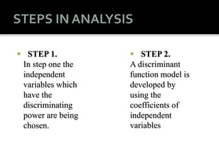  STEP 1.
In step one the
independent
variables which
have the
discriminating
power are being
chosen.
 STEP 2.
A discriminant
function model is
developed by
using the
coefficients of
independent
variables
 