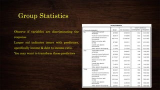 Group Statistics
Observe if variables are discriminating the
response
Larger std indicates issues with predictors,
specifically income & debt to income ratio.
You may want to transform these predictors
 