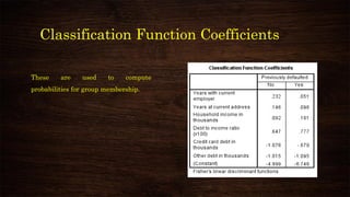 Classification Function Coefficients
These are used to compute
probabilities for group membership.
 