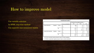 How to improve model
Use variable selection
In SPSS, step-wise method
Use separate case covariance matrix
 