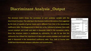Discriminant Analysis _Output
The structure matrix shows the correlation of each predictor variable with the
discriminant function. The ordering in the structure matrix is the same as that suggested
by the tests of equality of group means and is different from that in the standardized
coefficients table. This disagreement is likely due to the collinearity between Years with
current employer and Credit card debt in thousands noted in the correlation matrix.
Since the structure matrix is unaffected by collinearity, it's safe to say that this
collinearity has inflated the importance of Years with current employer and Credit card
debt in thousands in the standardized coefficients table. Thus, Debt to income ratio
(x100) best discriminates between defaulters and nondefaulters.
 