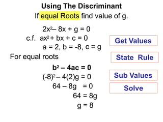 64 – 8g = 0
64 = 8g
g = 8
c.f. ax2 + bx + c = 0
a = 2, b = -8, c = g
For equal roots
b2 – 4ac = 0
(-8)2 – 4(2)g = 0
Using The Discriminant
If equal Roots find value of g.
2x2– 8x + g = 0
State Rule
Get Values
Sub Values
Solve
 