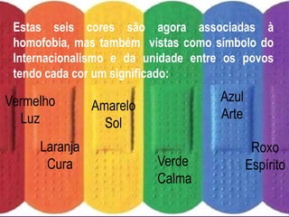 Estas seis cores são agora associadas à
 homofobia, mas também vistas como símbolo do
 Internacionalismo e da unidade entre os povos
 tendo cada cor um significado:

Vermelho                            Azul
               Amarelo
  Luz                               Arte
                 Sol
     Laranja                                Roxo
      Cura               Verde             Espírito
                         Calma
 
