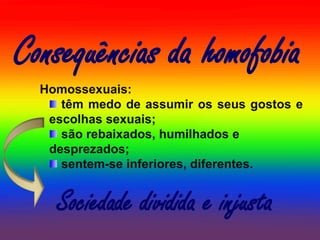 Consequências da homofobia
  Homossexuais:
     têm medo de assumir os seus gostos e
   escolhas sexuais;
     são rebaixados, humilhados e
   desprezados;
     sentem-se inferiores, diferentes.


    Sociedade dividida e injusta
 