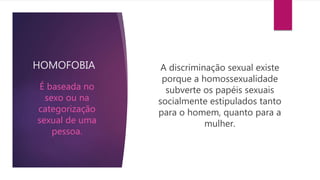 HOMOFOBIA A discriminação sexual existe
porque a homossexualidade
subverte os papéis sexuais
socialmente estipulados tanto
para o homem, quanto para a
mulher.
É baseada no
sexo ou na
categorização
sexual de uma
pessoa.
 