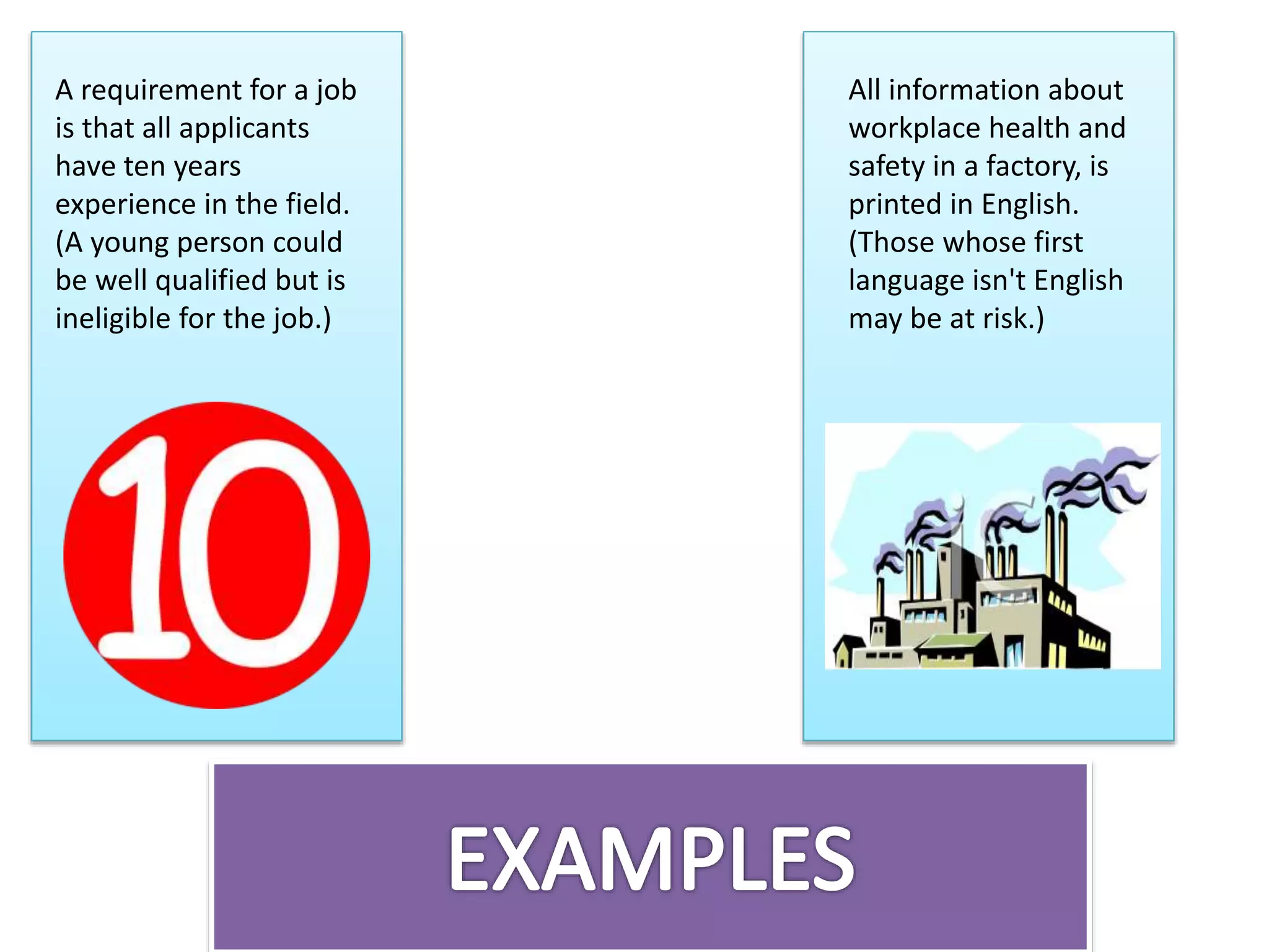 A requirement for a job
is that all applicants
have ten years
experience in the field.
(A young person could
be well qualified but is
ineligible for the job.)
All information about
workplace health and
safety in a factory, is
printed in English.
(Those whose first
language isn't English
may be at risk.)
 