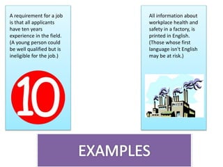 A requirement for a job
is that all applicants
have ten years
experience in the field.
(A young person could
be well qualified but is
ineligible for the job.)
All information about
workplace health and
safety in a factory, is
printed in English.
(Those whose first
language isn't English
may be at risk.)
 