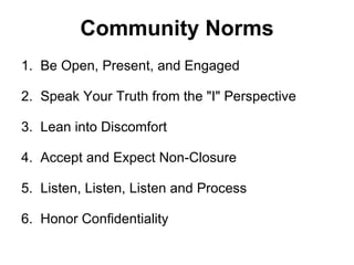 Community Norms 1.  Be Open, Present, and Engaged 2.  Speak Your Truth from the &quot;I&quot; Perspective 3.  Lean into Discomfort 4.  Accept and Expect Non-Closure 5.  Listen, Listen, Listen and Process 6.  Honor Confidentiality 