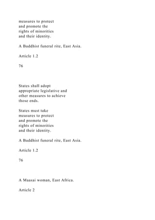 measures to protect
and promote the
rights of minorities
and their identity.
A Buddhist funeral rite, East Asia.
Article 1.2
76
States shall adopt
appropriate legislative and
other measures to achieve
those ends.
States must take
measures to protect
and promote the
rights of minorities
and their identity.
A Buddhist funeral rite, East Asia.
Article 1.2
76
A Maasai woman, East Africa.
Article 2
 