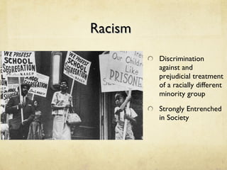 Racism Discrimination against and prejudicial treatment of a racially different minority group Strongly Entrenched in Society 