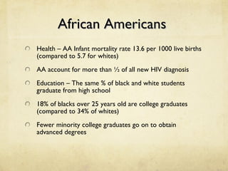 African Americans  Health – AA Infant mortality rate 13.6 per 1000 live births (compared to 5.7 for whites) AA account for more than ½ of all new HIV diagnosis Education – The same % of black and white students graduate from high school 18% of blacks over 25 years old are college graduates (compared to 34% of whites) Fewer minority college graduates go on to obtain advanced degrees 