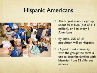 Hispanic Americans The largest minority group: about 50 million (out of 311 million), or 1 in every 6 Americans By 2050, 25% of US population will be Hispanic Hispanic  masks diversity with the group: the term is use to describe families with histories from 22 different nations 