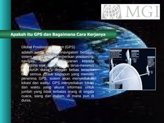 Apakah itu GPS dan Bagaimana Cara Kerjanya Global Positioning System (GPS) adalah ruang US radionavigation berbasis sistem yang handal memberikan positioning, navigasi, dan waktu layanan kepada pengguna sipil di dasar yang terus-menerus di seluruh dunia - dengan bebas tersedia bagi semua. Untuk siapapun yang memiliki penerima GPS, sistem akan menyediakan lokasi dan waktu. GPS menyediakan lokasi dan waktu yang akurat informasi untuk jumlah yang tidak terbatas orang di segala cuaca, siang dan malam, di mana pun di dunia.  