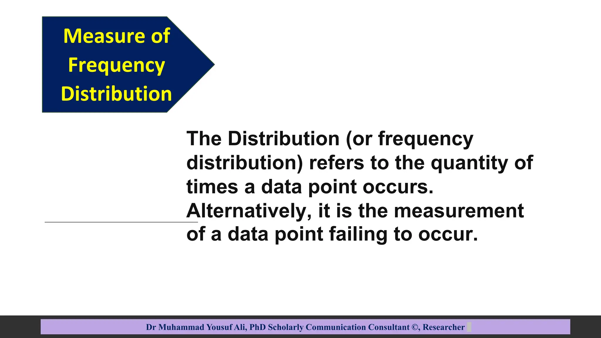 Measure of
Frequency
Distribution
Dr Muhammad Yousuf Ali, PhD Scholarly Communication Consultant ©, Researcher
The Distribution (or frequency
distribution) refers to the quantity of
times a data point occurs.
Alternatively, it is the measurement
of a data point failing to occur.
 