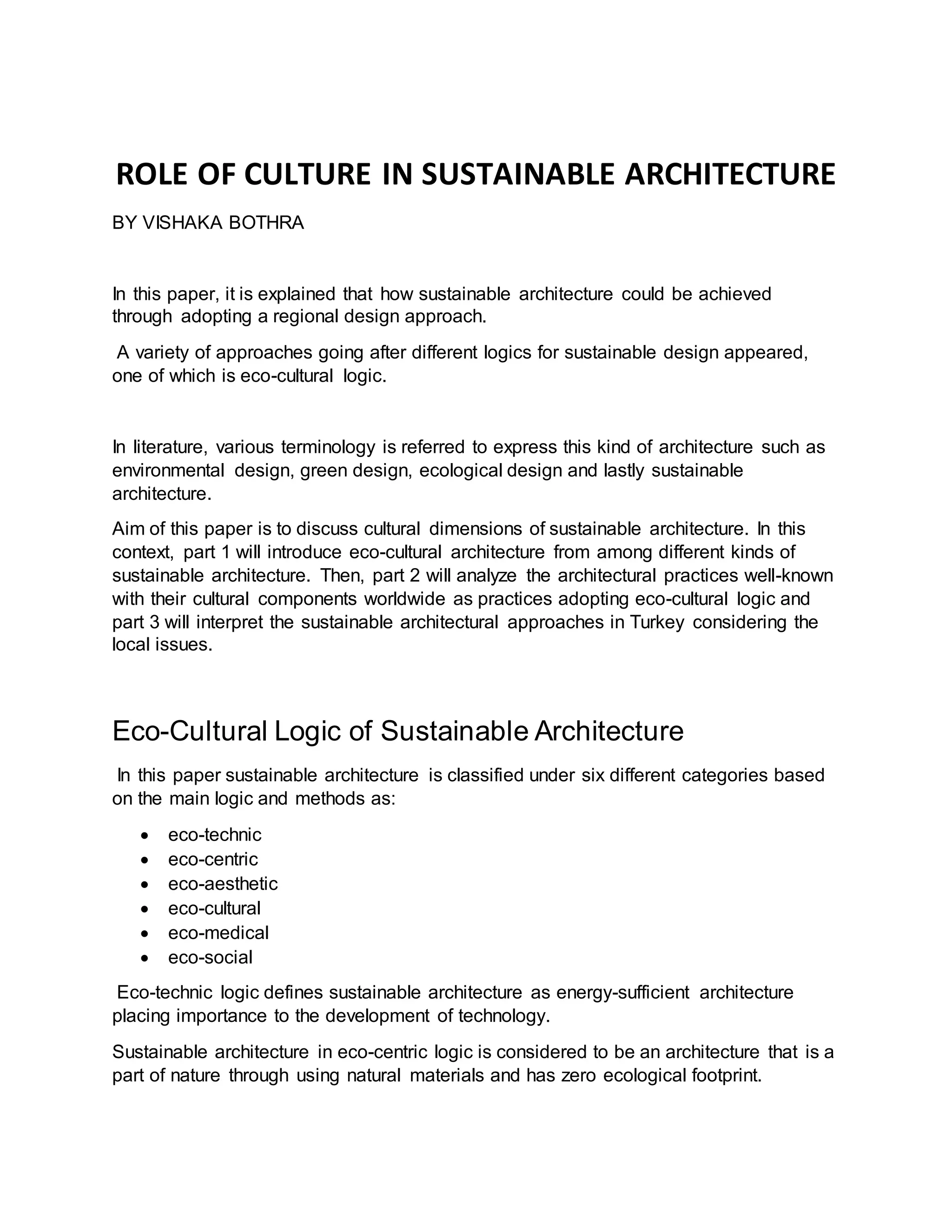 ROLE OF CULTURE IN SUSTAINABLE ARCHITECTURE | DOCX