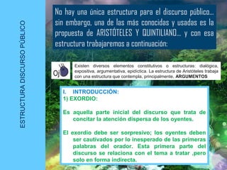 ESTRUCTURADISCURSOPÚBLICO
No hay una única estructura para el discurso público…
sin embargo, una de las más conocidas y usadas es la
propuesta de ARISTÓTELES Y QUINTILIANO… y con esa
estructura trabajaremos a continuación:
I. INTRODUCCIÓN:
1) EXORDIO:
Es aquella parte inicial del discurso que trata de
concitar la atención dispersa de los oyentes.
El exordio debe ser sorpresivo; los oyentes deben
ser cautivados por lo inesperado de las primeras
palabras del orador. Esta primera parte del
discurso se relaciona con el tema a tratar ,pero
solo en forma indirecta.
Existen diversos elementos constitutivos o estructuras: dialógica,
expositiva, argumentativa, epidíctica. La estructura de Aristóteles trabaja
con una estructura que contempla, principalmente, ARGUMENTOS
 