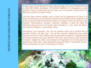ESTRUCTURADISCURSOPÚBLICO
A esta causa unos la llamaron el agua, otros el fuego, otros el ser; Platón la llamó
la IDEA DEL BIEN, Aristóteles EL MOTOR INMOVIL. El cristianismo, a este
principio, causa o fundamento de los seres, por vía racional, la llama Dios. La
Biblia, por vía de fe, lo llamó Yahwe.
¿Se han dado cuenta ustedes que la ciencia de la estadística nos lleva a la
misma conclusión? ¿no nos llama la atención que el 98,56% de los habitantes de
la tierra creen en Dios? No entremos ahora en averiguar cómo es ese Dios, para
budistas, mahometanos, taoístas, cristianos, católicos, y para las miles de
creencias más que hay en el mundo, pero coinciden en una cosa: En llamar,
con nombres distintos, a esa entidad, Dios.
Permítanme una anécdota. Uno de los grandes ateos de la historia fue el
ilustrado Voltaire. Se dice que uno de los mayores cataclismos que sufrió
Francia, fue el año 1748. Voltaire ante el derrumbe de edificios, y agrietamiento
de la tierra, abrazó a sus hijos, gritando: “Dios mío, que muera yo, pero se salven
mis hijos”. Llegada la calma, unos amigos le Preguntaron con ironía:¿Cómo es
posible que usted, ateo, haya solicitado la ayuda de Dios? Y respondió: Es que
Dios no existe para mi, pero sí existe para mis hijos”.
 