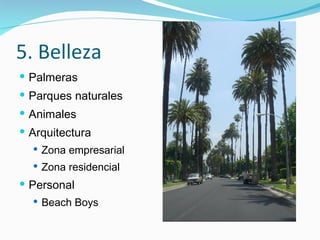 5. Belleza Palmeras Parques naturales Animales Arquitectura Zona empresarial Zona residencial Personal Beach Boys LA Disney Concert Hall 