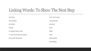 Linking Words: To Show The Next Step
first(ly)
second(ly)
third(ly)
finally
to begin/start with
in the first/second place
first and foremost
first and most
importantly
another
then
after
next
afterwards
ultimately
 