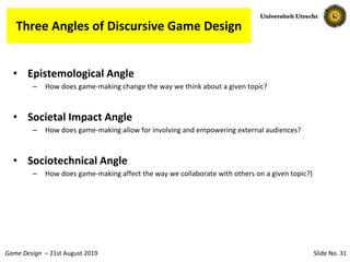 Slide No. 31Game Design – 21st August 2019
Three Angles of Discursive Game Design
• Epistemological Angle
– How does game-making change the way we think about a given topic?
• Societal Impact Angle
– How does game-making allow for involving and empowering external audiences?
• Sociotechnical Angle
– How does game-making affect the way we collaborate with others on a given topic?)
 