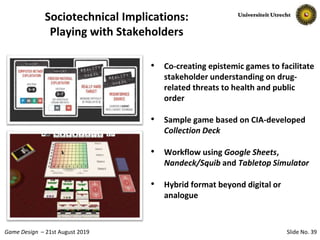 Slide No. 39Game Design – 21st August 2019
• Co-creating epistemic games to facilitate
stakeholder understanding on drug-
related threats to health and public
order
• Sample game based on CIA-developed
Collection Deck
• Workflow using Google Sheets,
Nandeck/Squib and Tabletop Simulator
• Hybrid format beyond digital or
analogue
Sociotechnical Implications:
Playing with Stakeholders
 