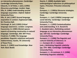 an interactive phenomenon. Cambridge:
Cambridge University Press.
Edwards, D. & Potter, J. (eds.) (1992)
Discursive psychology. London: Sage.
Ellis, R. (1986) Understanding second
language acquisition. Oxford: Oxford
University Press.
Ellis, R. (ed.) (1987) Second language
acquisition in context. Englewood Cliffs,
NJ: Prentice-Hall.
Fairclough, N. (ed.) (1992) Critical
language awareness. London: Longman.
Fauconnier, G. (1985) Mental spaces:
aspects of meaning construction in natural
language. Cambridge, MA: MIT Press.
Friedrich, P. (1986) The language
parallalax: linguistic relativism and poetic
indeterminacy. Austin, TX: University
of Texas Press.
Geertz, C. (1983) Local knowledge. New
York: Basic Books.
Geertz, C. (2000) Available light:
anthropological reflections on philosophical
topics. Princeton: Princeton University
Press.
Gumperz, J. J. (1982a) Discourse strategies.
Cambridge: Cambridge University
Press.
Gumperz, J. J. (ed.) (1982b) Language and
social identity. Cambridge: Cambridge
University Press.
Gumperz, J. J. (1992) Contextualization
and understanding. In A. Duranti &
C. Goodwin (eds.), Rethinking context:
language as an interactive phenomenon
(pp. 229–52). Cambridge: Cambridge
University Press.
Gumperz, J. J. (1996) The linguistic and
cultural relativity of inference. In
J. J. Gumperz & S. C. Levinson
(eds.), Rethinking linguistic relativity
(pp. 374– 406). Cambridge: Cambridge
University Press.
Gumperz, J. J. & Levinson, S. C. (1996)
Rethinking linguistic relativity.
50
 
