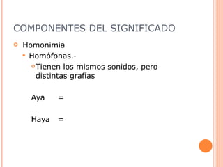 COMPONENTES DEL SIGNIFICADO Homonimia  Homófonas.- Tienen los mismos sonidos, pero distintas grafías Aya  = Haya = 