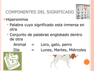 COMPONENTES DEL SIGNIFICADO Hiperonimia Palabra cuyo significado esta inmersa en otra Conjunto de palabras englobado dentro de otra  Animal  = Loro, gato, perro Día = Lunes, Martes, Miércoles 