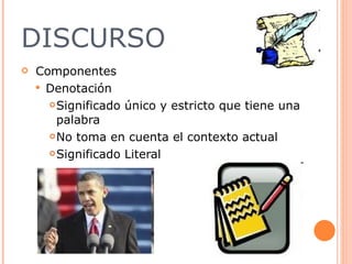DISCURSO Componentes  Denotación  Significado único y estricto que tiene una palabra  No toma en cuenta el contexto actual  Significado Literal 