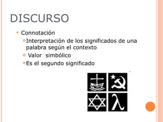 Connotación  Interpretación de los significados de una palabra según el contexto Valor  simbólico  Es el segundo significado  DISCURSO 