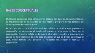 BASES CONCEPTUALES
El discurso persuasivo para convencer se elabora con base en la argumentación.
La argumentación es la actividad de "dar razones por parte de las personas en
las situaciones de comunicación“.
En el caso de la comunicación oral en público, el orador que presente la
proposición se denomina el orador-afirmativo, y argumenta a favor de la
proposición. El que la refuta se denomina el orador-refutador, y argumenta en
contra de la proposición. En este caso el público al que se dirigen constituye el
juez, quien tomará una decisión al respecto: de aceptar o rechazar la
proposición.
 