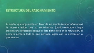 ESTRUCTURA DEL RAZONAMIENTO
Al orador que argumenta en favor de un asunto (orador-afirmativo)
le interesa evitar que su contrincante (orador-refutador) haga
efectiva una refutación porque si éste tiene éxito en la refutación, el
primero perderá todo lo que pensaba lograr con su afirmación o
proposición.
 