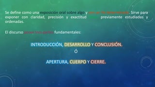 Se define como una exposición oral sobre algo y con un fin determinado. Sirve para
exponer con claridad, precisión y exactitud ideas previamente estudiadas y
ordenadas.
El discurso posee tres partes fundamentales:
INTRODUCCIÓN, DESARROLLO Y CONCLUSIÓN.
Ó
APERTURA, CUERPO Y CIERRE.
 