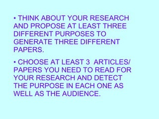 THINK ABOUT YOUR RESEARCH AND PROPOSE AT LEAST THREE DIFFERENT PURPOSES TO GENERATE THREE DIFFERENT PAPERS. CHOOSE AT LEAST 3  ARTICLES/ PAPERS YOU NEED TO READ FOR YOUR RESEARCH AND DETECT  THE PURPOSE IN EACH ONE AS WELL AS THE AUDIENCE. 