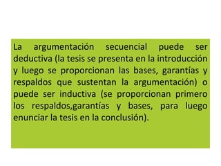 La argumentación secuencial puede ser
deductiva (la tesis se presenta en la introducción
y luego se proporcionan las bases, garantías y
respaldos que sustentan la argumentación) o
puede ser inductiva (se proporcionan primero
los respaldos,garantías y bases, para luego
enunciar la tesis en la conclusión).
 