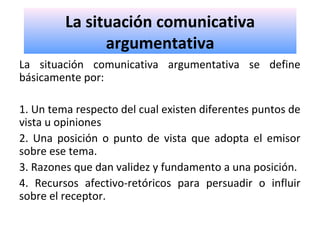 La situación comunicativa
argumentativa
La situación comunicativa argumentativa se define
básicamente por:
1. Un tema respecto del cual existen diferentes puntos de
vista u opiniones
2. Una posición o punto de vista que adopta el emisor
sobre ese tema.
3. Razones que dan validez y fundamento a una posición.
4. Recursos afectivo-retóricos para persuadir o influir
sobre el receptor.
 