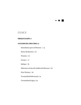ÍNDICE

PRESENTACIÓN / 7


ANÁLISIS DEL DISCURSO / 9

   Entendamos qué es el Discurso / 13

   Partes del discurso / 16

   Proemio / 16

   Cuerpo / 17

   Epílogo / 18

   Diferentes niveles del Análisis del Discurso / 18

   Nivel Nuclear / 18

   Verosimilitud Referencial / 19

   Verosimilitud Lógica / 20
 