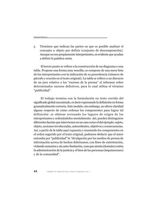 Dsus Pltc
 icro oíio



5    Términos que indican las partes en que es posible analizar el
     concepto u objeto por definir (conjunto de descomposición).
     Aunque no son propiamente interpretantes, es evidente que ayudan
     a definir la palabra-meta.

      El tercer punto se refiere a la construcción de un diagrama o una
tabla. Propone una forma muy sencilla; se compone de una mera lista
de los interpretantes con la indicación de su procedencia (número de
párrafo y oración en el texto original). La tabla se refiere a un discurso
de un juez relativo a los “excesos de la prensa” al informar sobre
determinados sucesos delictivos, para lo cual utiliza el término
“publicidad”.

      El trabajo termina con la formulación en texto corrido del
significado global encontrado, es decir expresando la definición en forma
gramaticalmente correcta. Este modelo, sin embargo, no ofrece claridad
alguna respecto de cómo ordenar los componentes para lograr tal
definición: se obtiene revisando los lugares de origen de los
interpretantes y ordenándolos mentalmente. Así, pueden distinguirse
diferentes facetas que intervienen en un caso como el del ejemplo: sujeto,
objeto, acciones involucradas, antecedentes, objetivos y consecuencias.
Así, a partir de la tabla aquí expuesta y reuniendo los componentes en
el orden sugerido por el texto original, podemos deducir que el autor
entendía por “publicidad” la “divulgación por los medios de prensa de
información acerca de hechos delictuosos, con fines de entretención,
violando sumarios y sin auto-limitación, cosa que atenta (desmán) contra
la administración de la justicia y el bien de las personas (imputaciones)
y de la comunidad”.




48        CUADERNOS DE FORMACIÓN PARA LA PRÁCTICA DEMOCRÁTICA No. 9
 