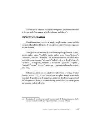 Nótese que el término por definir NO puede aparecer dentro del
texto que lo define, ya que introduciría una tautología16.

ANÁLISIS VALORATIVO

     El análisis de componentes se puede complementar con un análisis
valorativo basado en el registro de los adjetivos y adverbios que expresan
juicios de valor.

     Los adjetivos y adverbios de este tipo son principalmente: bueno,
malo, mejor, peor. También puede haber otros como “trágico”,
“honroso”, “valioso”, “horrible”, etc. Normalmente no son válidos los
que indican cantidades (“algunos”, “todos”, ...), ni orden (“primero”,
“último”), ni espacio, tamaño o distancia (“grande”, “lejano”,
“aislado”, “mayor”, “menor”), salvo que el contexto indique claramente
otra cosa.

     Se hace una tabla con los adjetivos y adverbios, se señala el valor
de cada uno (+ o -) y el concepto al cual se aplica. Luego se suma la
cantidad de positivos y de negativos, para ver dónde se ha puesto el
énfasis y se trata de hacer un resumen agrupando los conceptos que se
agrupan en cada tendencia.




16   Repetición de un mismo pensamiento expresado de distintas maneras. Suele
     tomarse en mal sentido por repetición inútil y viciosa. (DRAE)




                           CUADERNOS DE FORMACIÓN PARA LA PRÁCTICA DEMOCRÁTICA No. 9   49
 