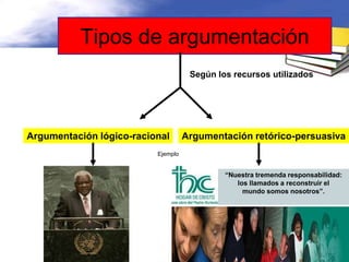 Tipos de argumentación
                                     Según los recursos utilizados




Argumentación lógico-racional       Argumentación retórico-persuasiva
                          Ejemplo


                                             “Nuestra tremenda responsabilidad:
                                                los llamados a reconstruir el
                                                  mundo somos nosotros”.
 