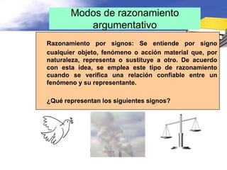 Modos de razonamiento
          argumentativo
Razonamiento por signos: Se entiende por signo
cualquier objeto, fenómeno o acción material que, por
naturaleza, representa o sustituye a otro. De acuerdo
con esta idea, se emplea este tipo de razonamiento
cuando se verifica una relación confiable entre un
fenómeno y su representante.

¿Qué representan los siguientes signos?
 